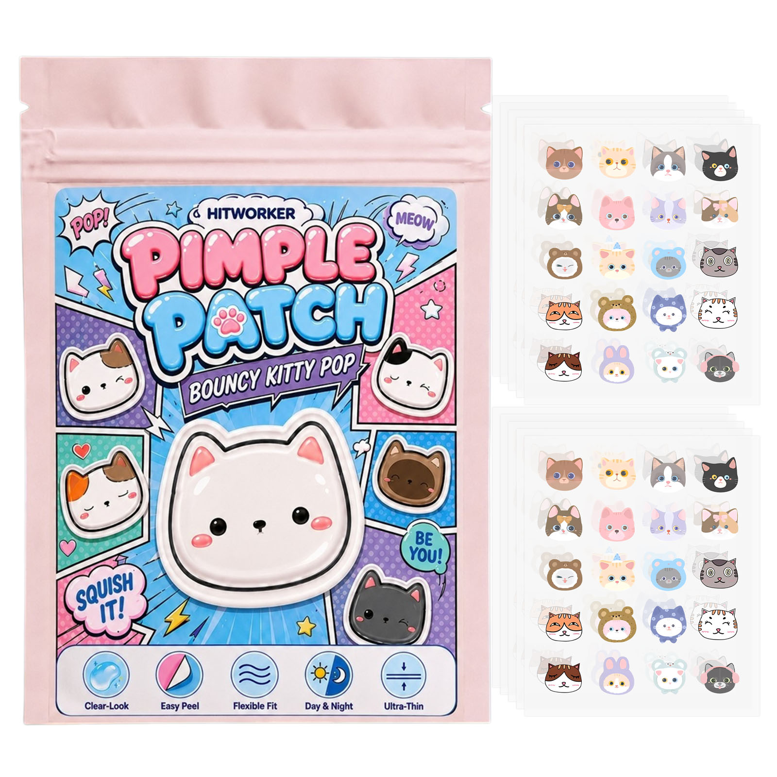 Hydrocolloid Pimple Patch - 100 Stück Niedliche Katzen-Pickelpatches, Hydrokolloid-Abscheuropflaster, Ultradünne